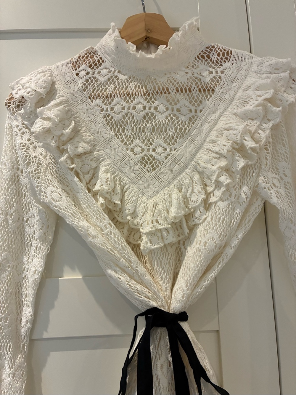 Maje Cream Crochet Lace Ruffle High-Neck Blouse